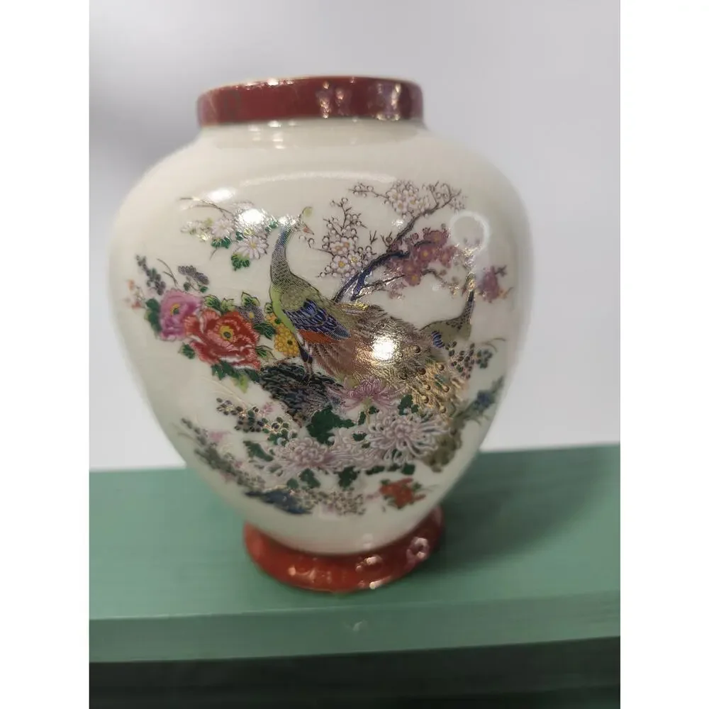 Vintage Satsuma Japan Ginger Jar Peacock Floral Crackle Glaze Gold 8